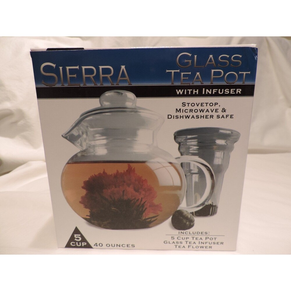 SIERRA Glass Tea Pot W Glass INFUSER borosilicate glass Three PIECE Set 40 oz